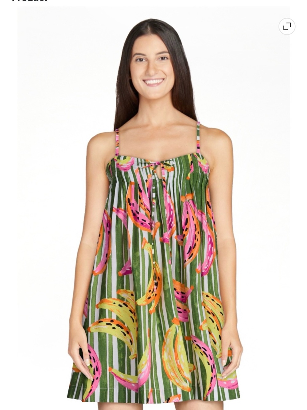 Green Striped Mini Dress with Pink & Yellow Banana Print